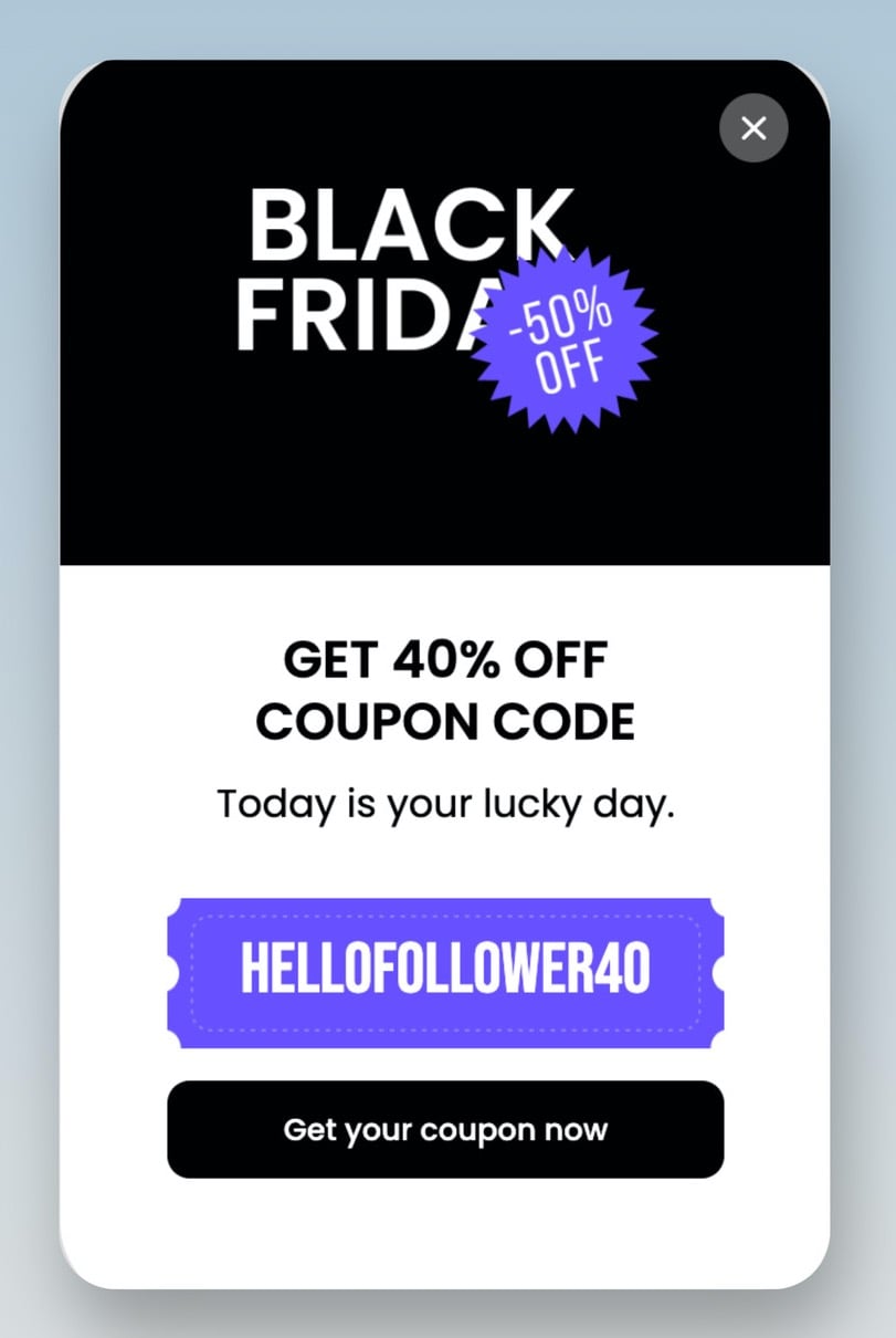 a Popupsmart Black Friday exit intent popup example that offers 40% off coupon code with a purpel CTA