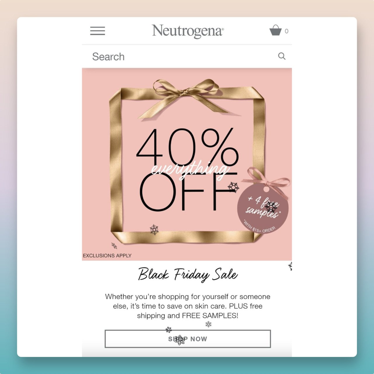 a screenshot of Neutrogena brand main page that shows black friday discounts and offers with a call to action that says "Shop Now"