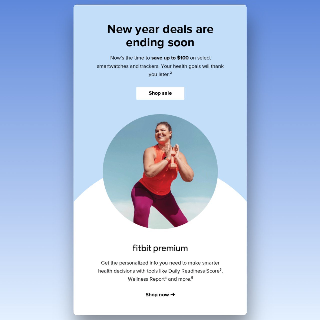 Fitbit new year email example with a picture of a woman working out