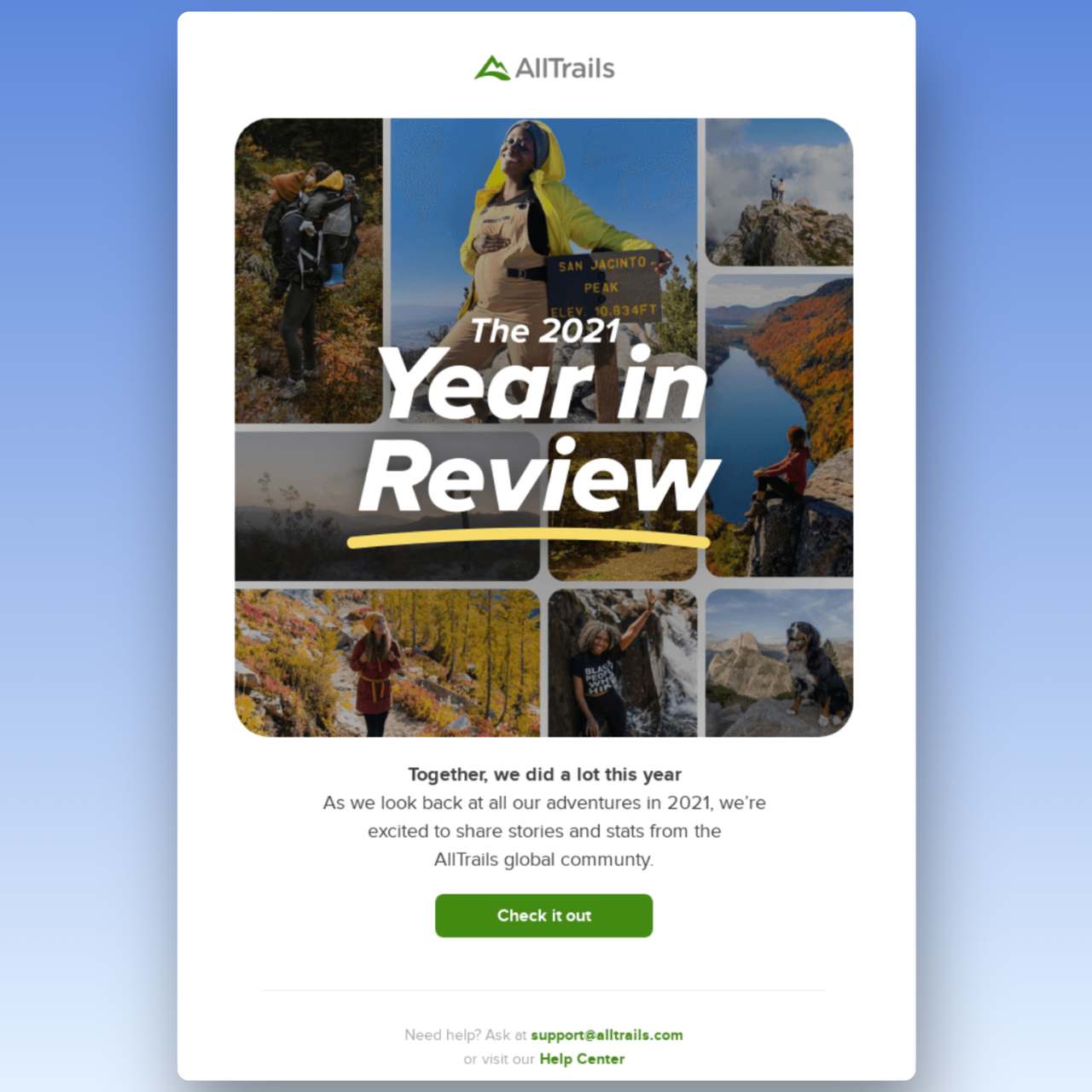 AllTrails. new year email offering a yearly report to the readers with a title that says "a year in review"