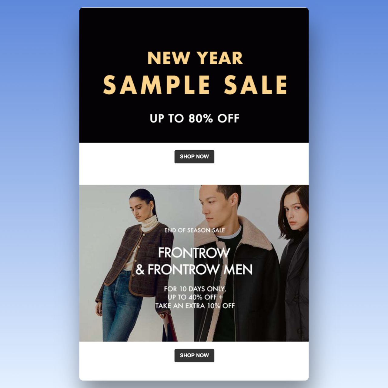 W Concept new year email example with pictures of stylish models and a title that says 80% off