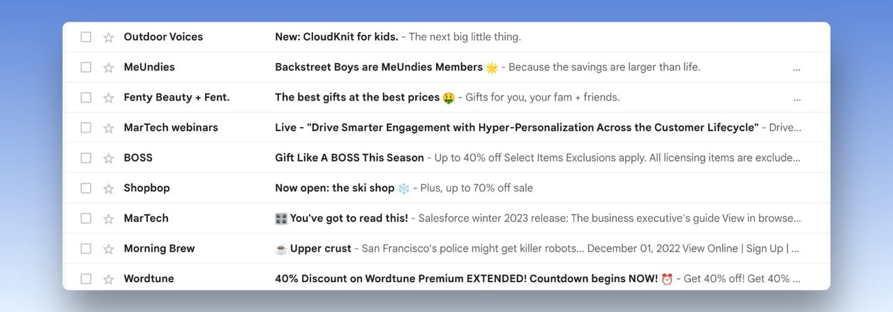 a screenshot of an email inbox showing different emails and subject line examples from different brands