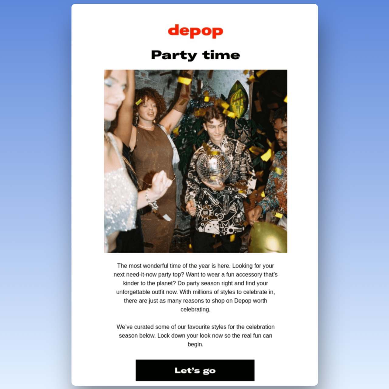 Depop new year email example showing poeple dancing in a new year party