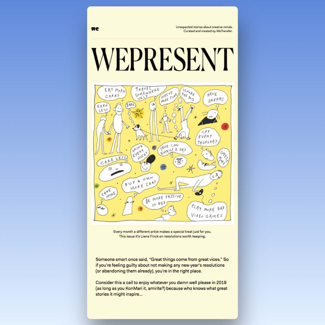 WeTransfer new year email with a title looking like WeTransafer logo style that says "WePresent"