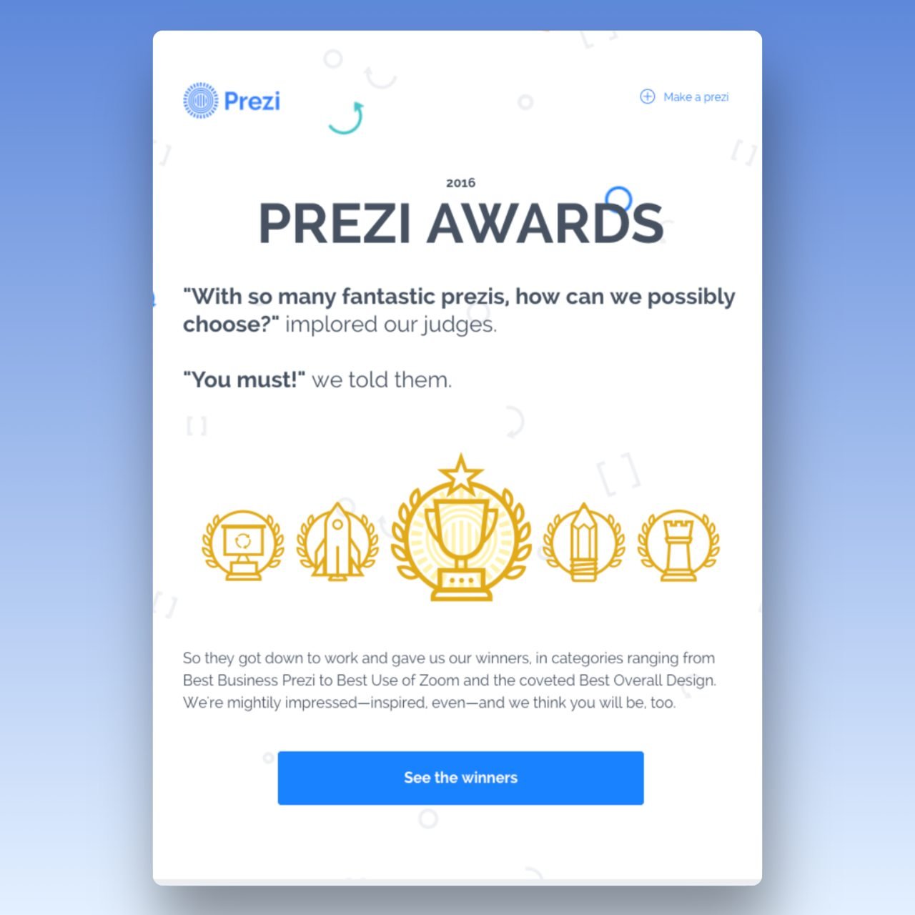 Prezi new year email announcing the winners of the yearly contest