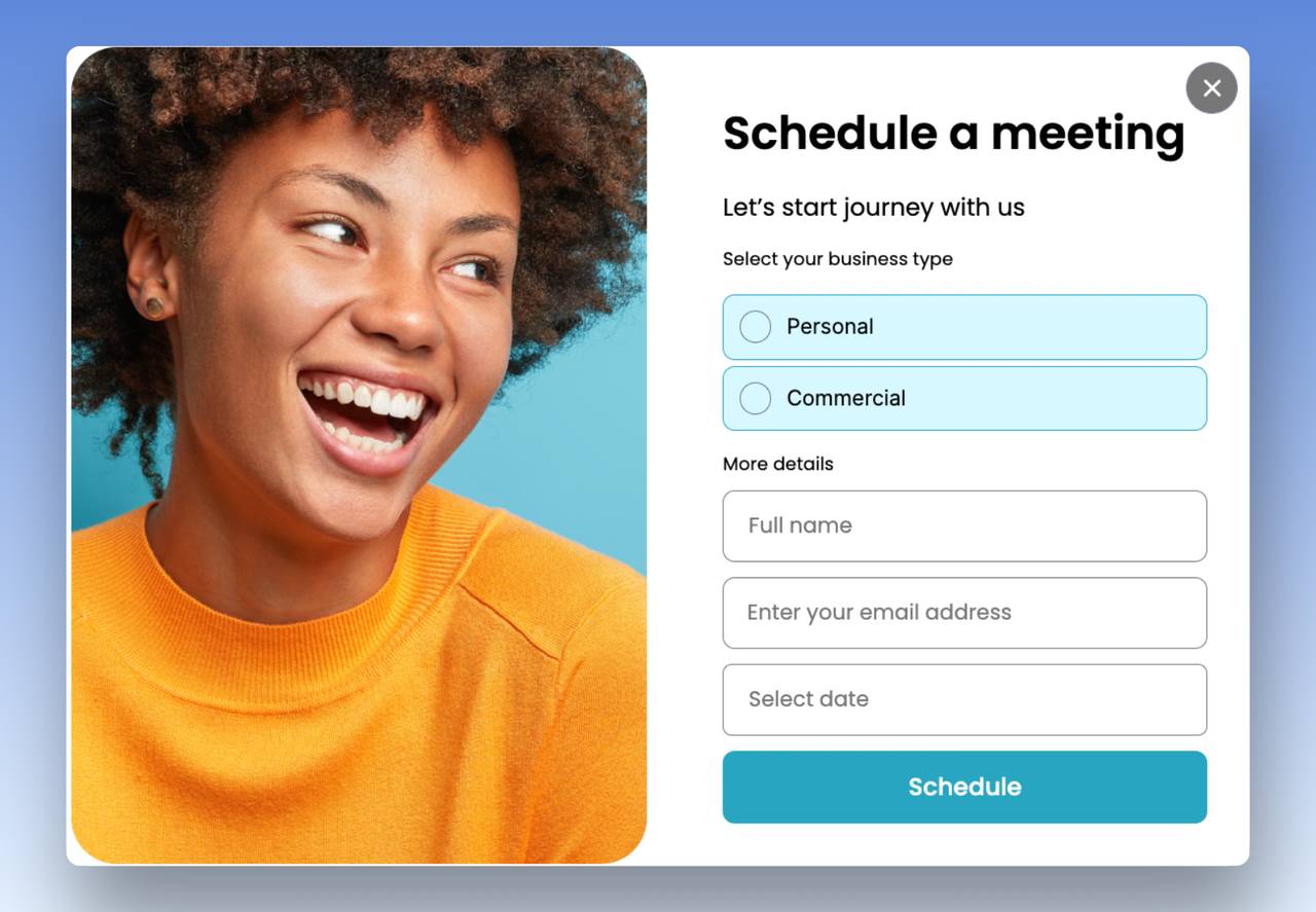 a popup with a picture of a girl on the left side smilling and a title that says Let's Schedule a Meeting asking for users' name, email address and a date