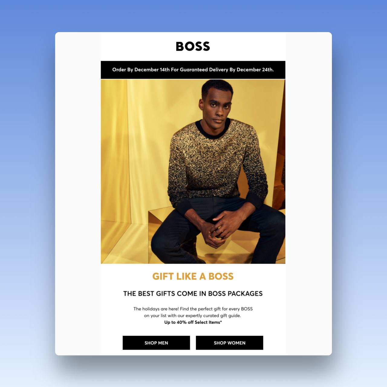 Hugo Boss email subject line showing a picture of a model wearing Hugo Boss new collection