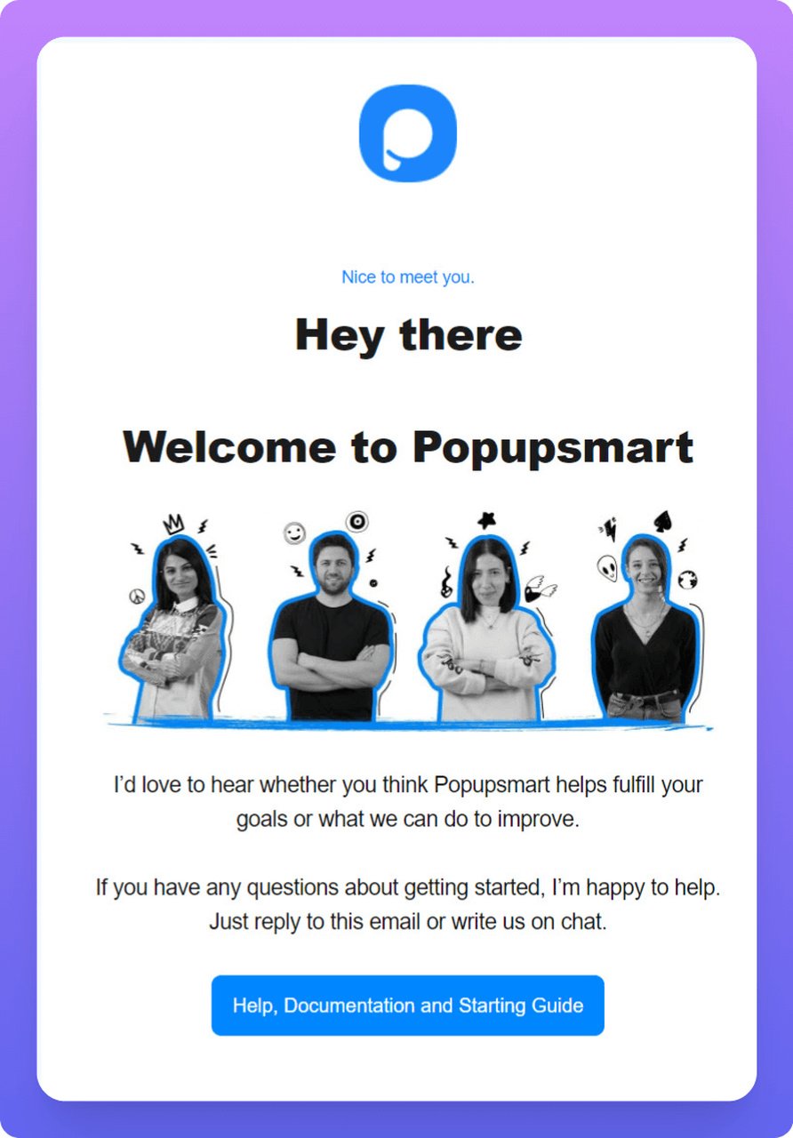 a welcom transactional email showing the Popupsmart team's pictures