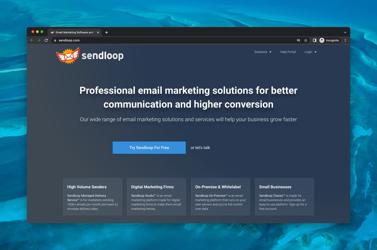 Sendloop transactional email software homepage with a CTA that says "Try Sendloop for free"