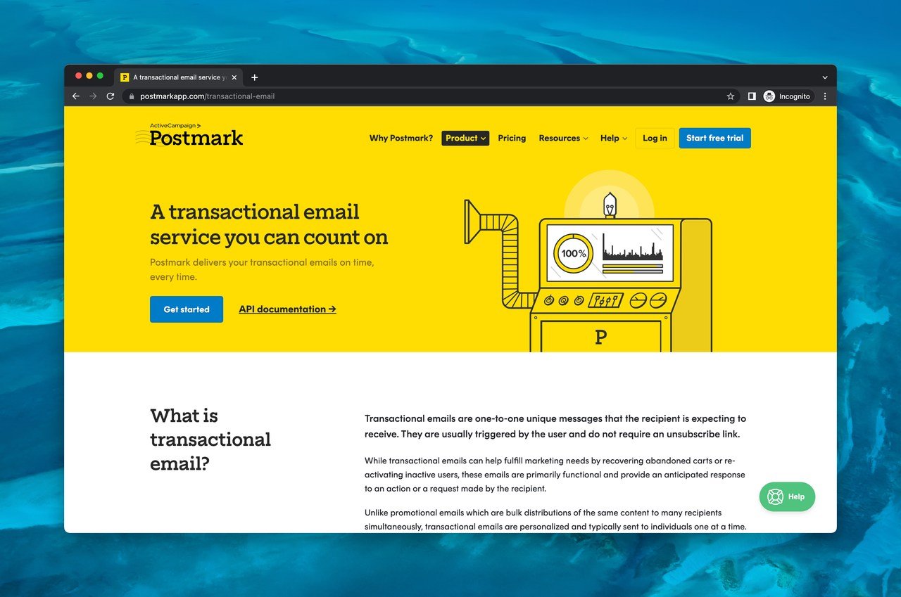 Postmark transactional email software homepage with a blue CTA that syas " Get started"