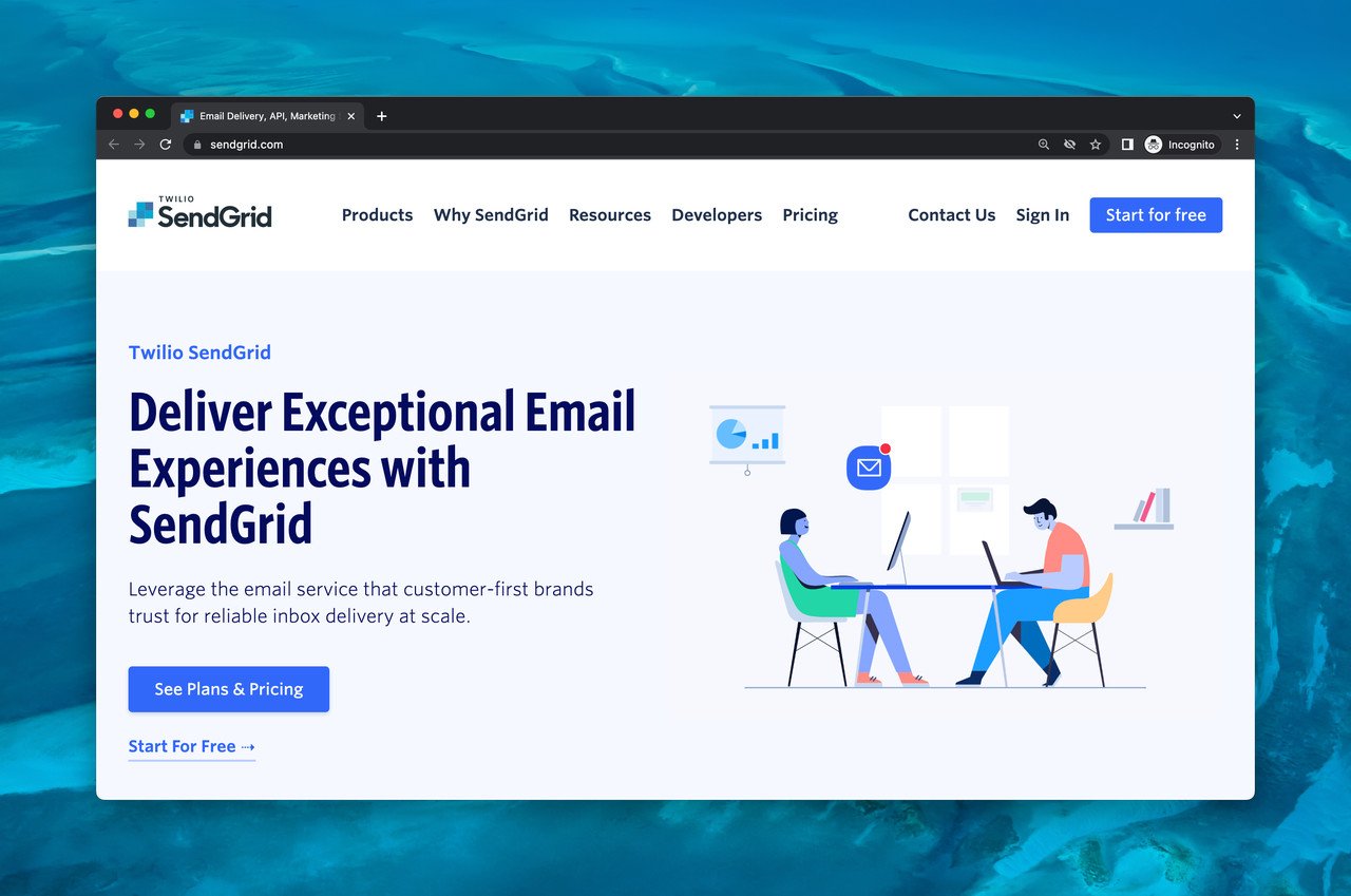 SendGrid transactional email software homepage with an illustration of a boy and girl working on a desk on the left side of the page