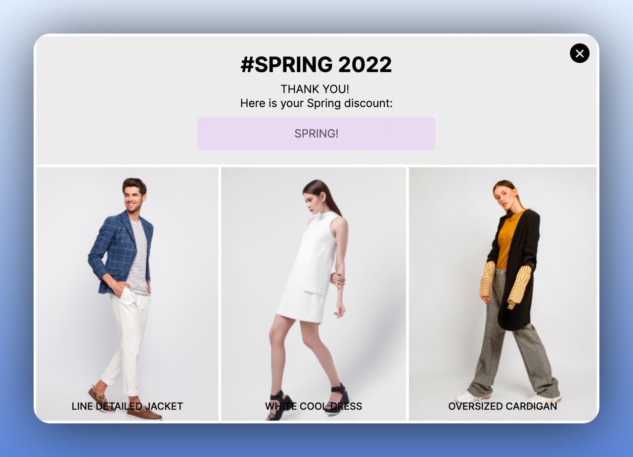 the second step of a multistep popup featuring one male and two female models offering a discount code