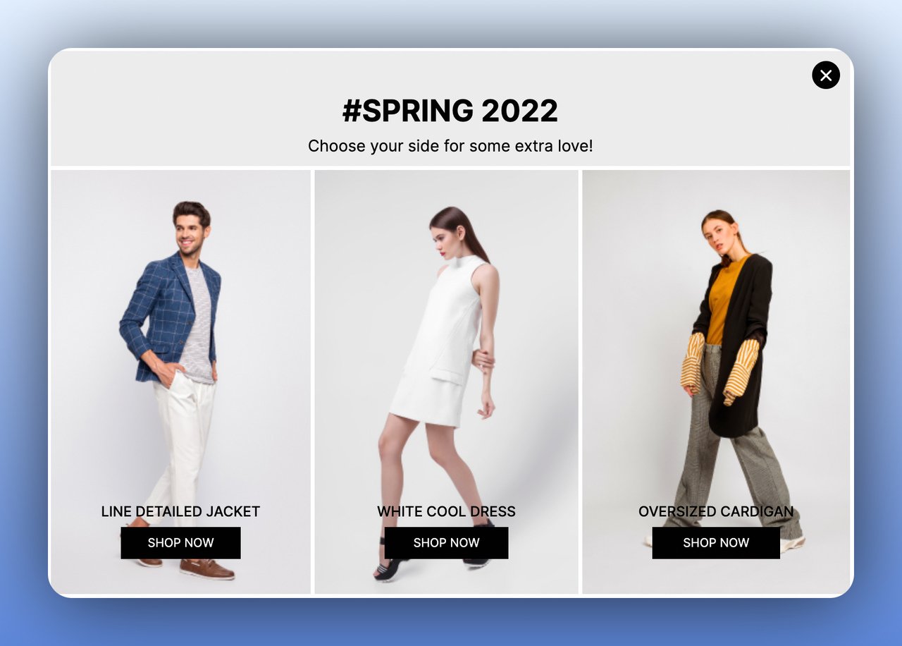 the first step of a multistep popup featuring one male and two female models with shop CTA buttons on each