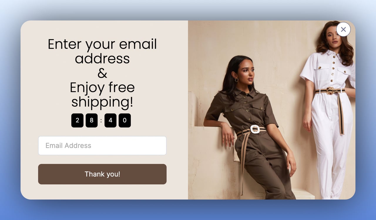 the second step of a multistep popup asking for the recipient's email address in return for free shipping with two female models posing on the right with brown and white clothes; the theme is beige