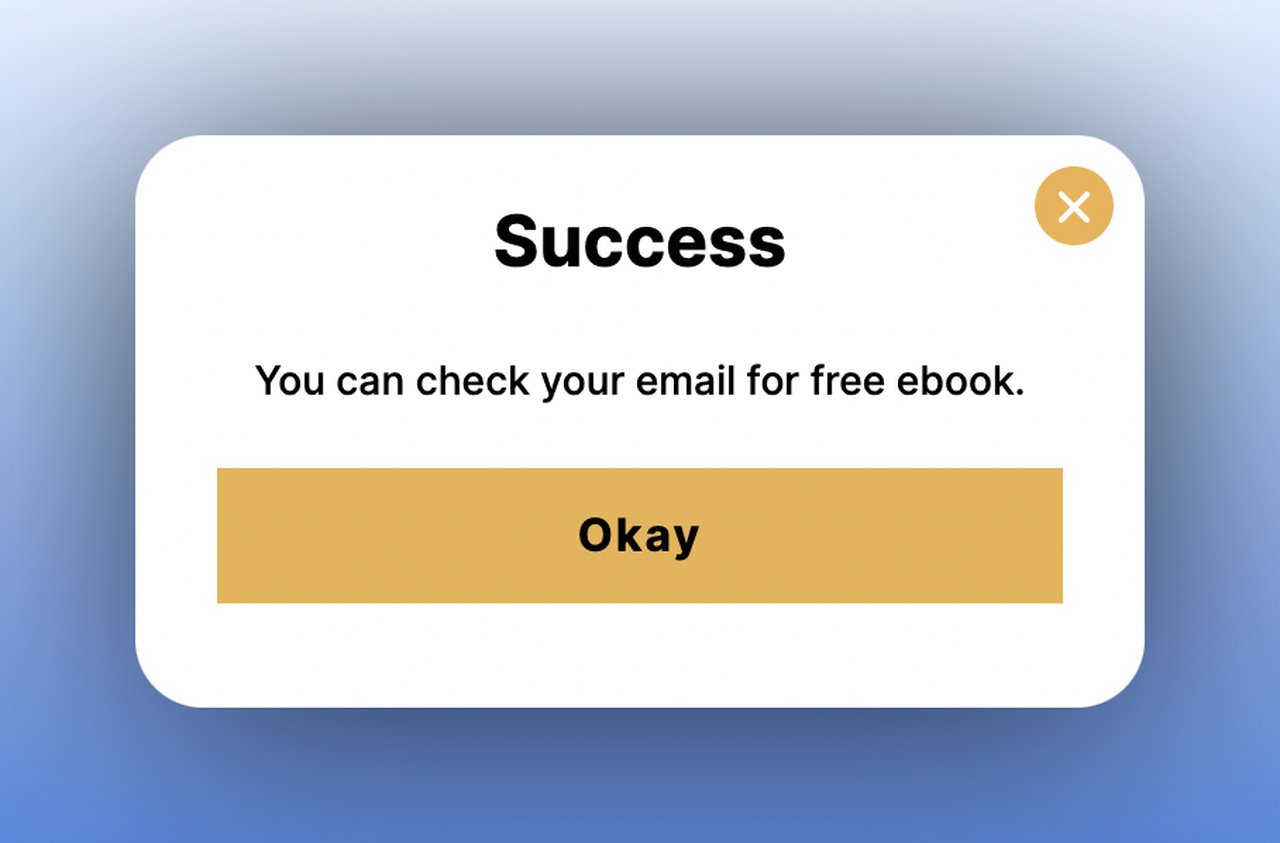 the second step of a multistep popup asking recipient to check their email box with an "okay" button