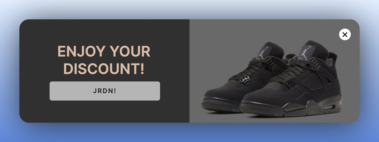 the second step of a multistep popup featuring air jordan sneakers offering a discount code to the recipient with the sneakers' image on the right with a dark theme