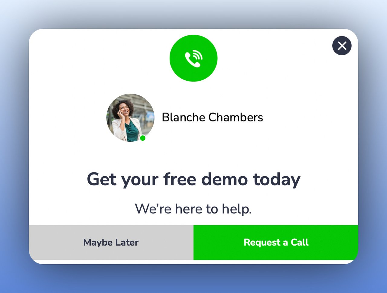 the first step of a multistep popup offering a free demo with a circular green phone icon above with a woman profile underneath and two buttons