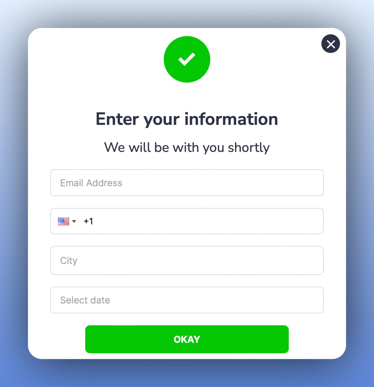 the second step of a multistep popup with information boxes with a circular green phone icon and a CTA button below