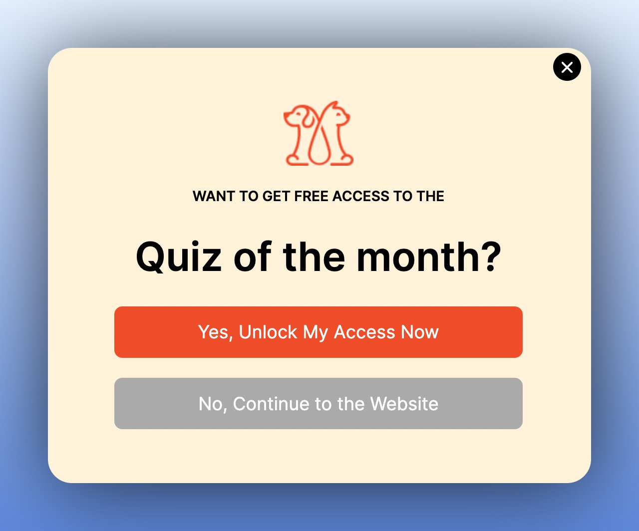 the first step of a multistep popup with a cat and dog icon above and "quiz of the month" title followed with yes and no buttons