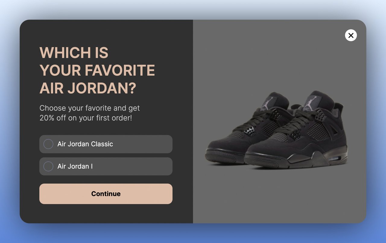 the first step of a multistep popup featuring air jordan sneakers with the image on the right and popup questions asking the recipients favorite air jordan on the left with a dark theme