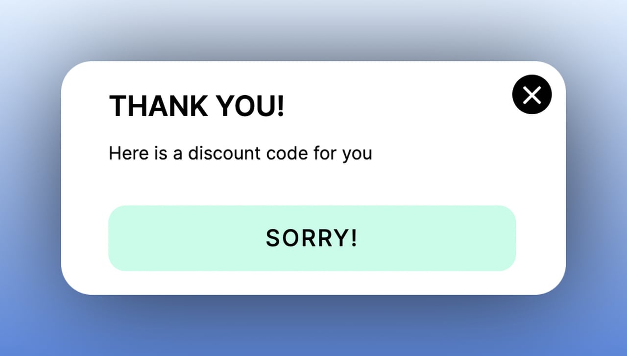 the second step of a multistep popup saying "Thank you!" and offering a discount