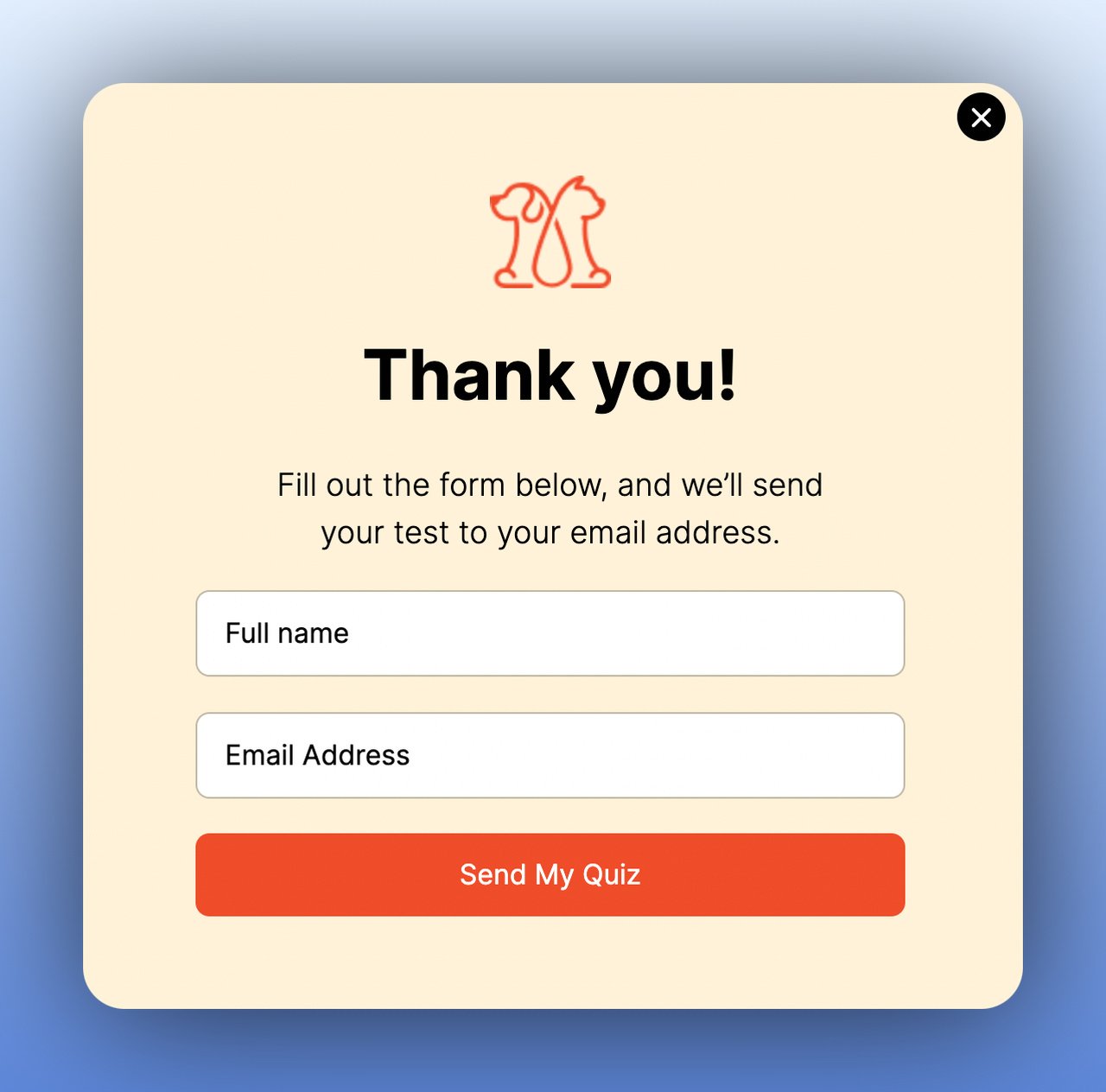 the second step of a multistep popup with a cat and dog icon above and name and email address boxes below followed by a "send my quiz" button