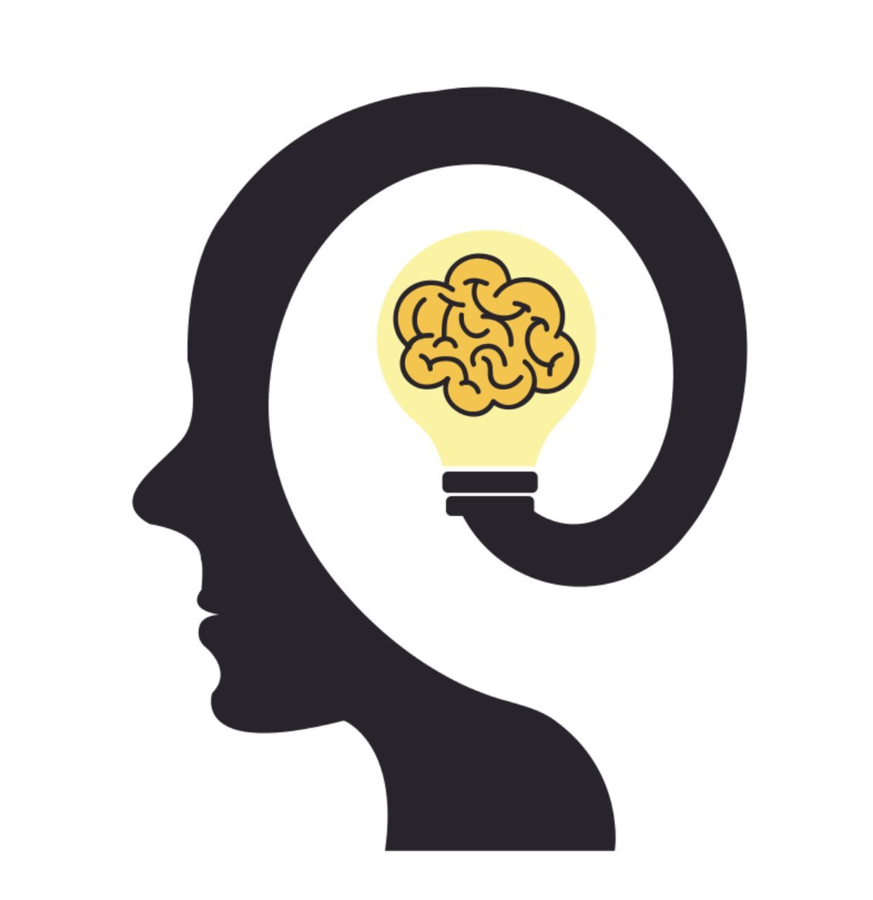 a human mind black illustration with a white background showing the brain in a yellow color like a lightbulb 