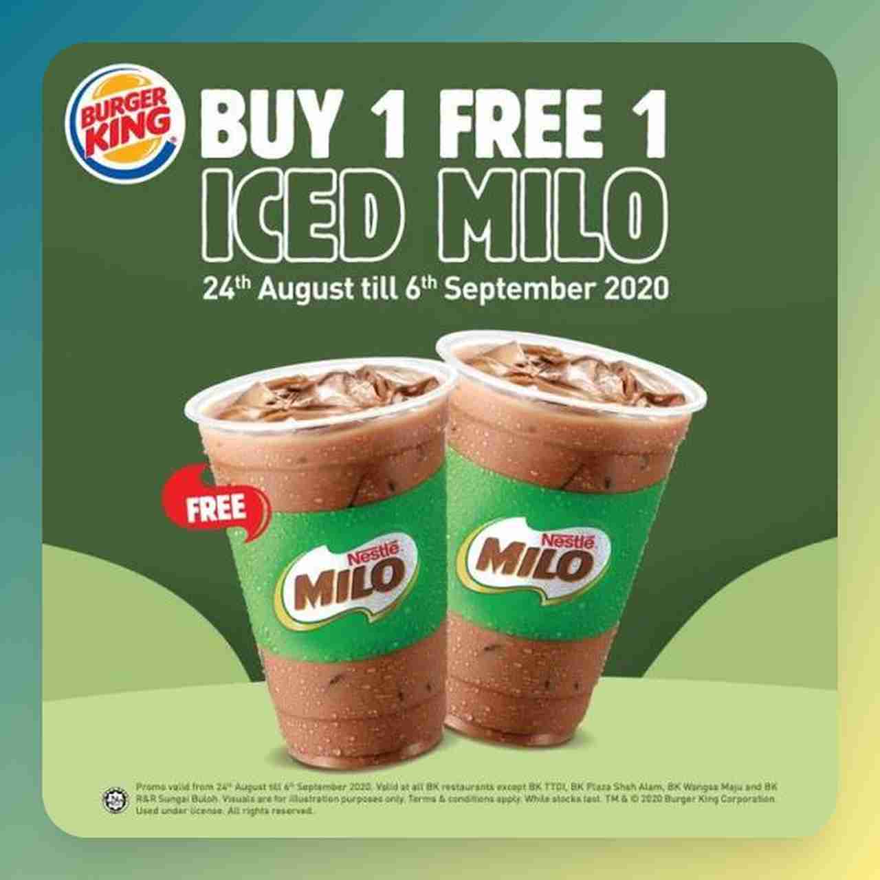 a Burger King ad with a green backgroud showing two iced coffee drinks with texts that says buy 1 free 1 to promote the iced milo drink with a time limited offer 