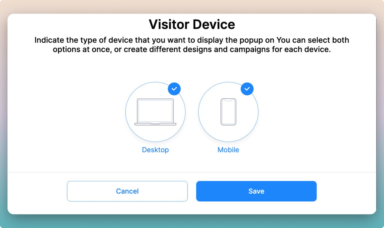 Popupsmart popup builder's dashboard that is showing the visitor device feature; both desktop and mobile