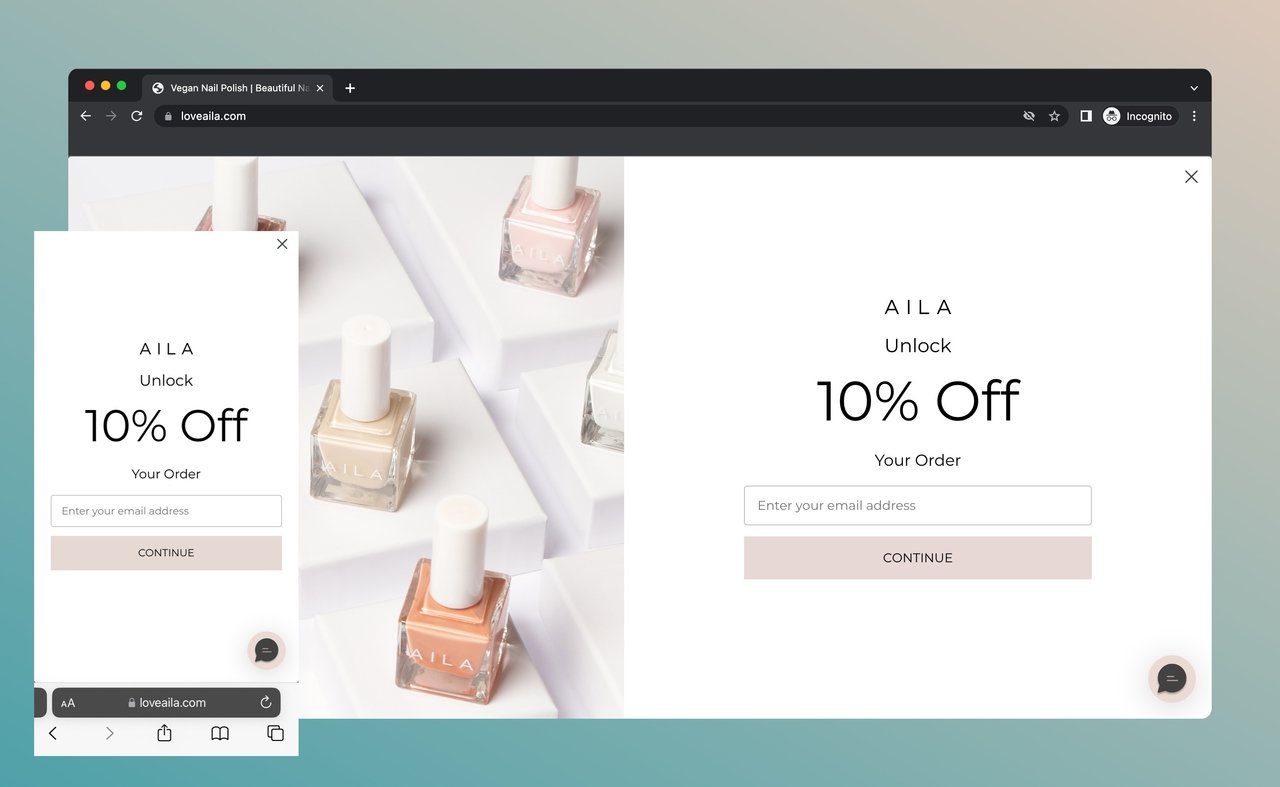 the popup of Aila Cosmetics on the desktop and mobile