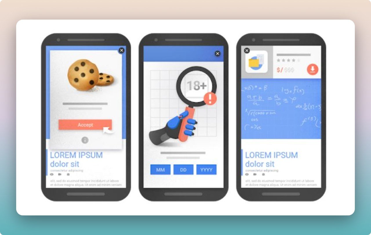Google's acceptable mobile popup examples showing three different versions of optimized mobile popups