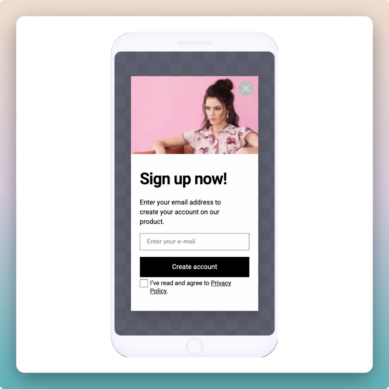 a Sign up mobile popup example with a picture of a girl wearing pink shirt