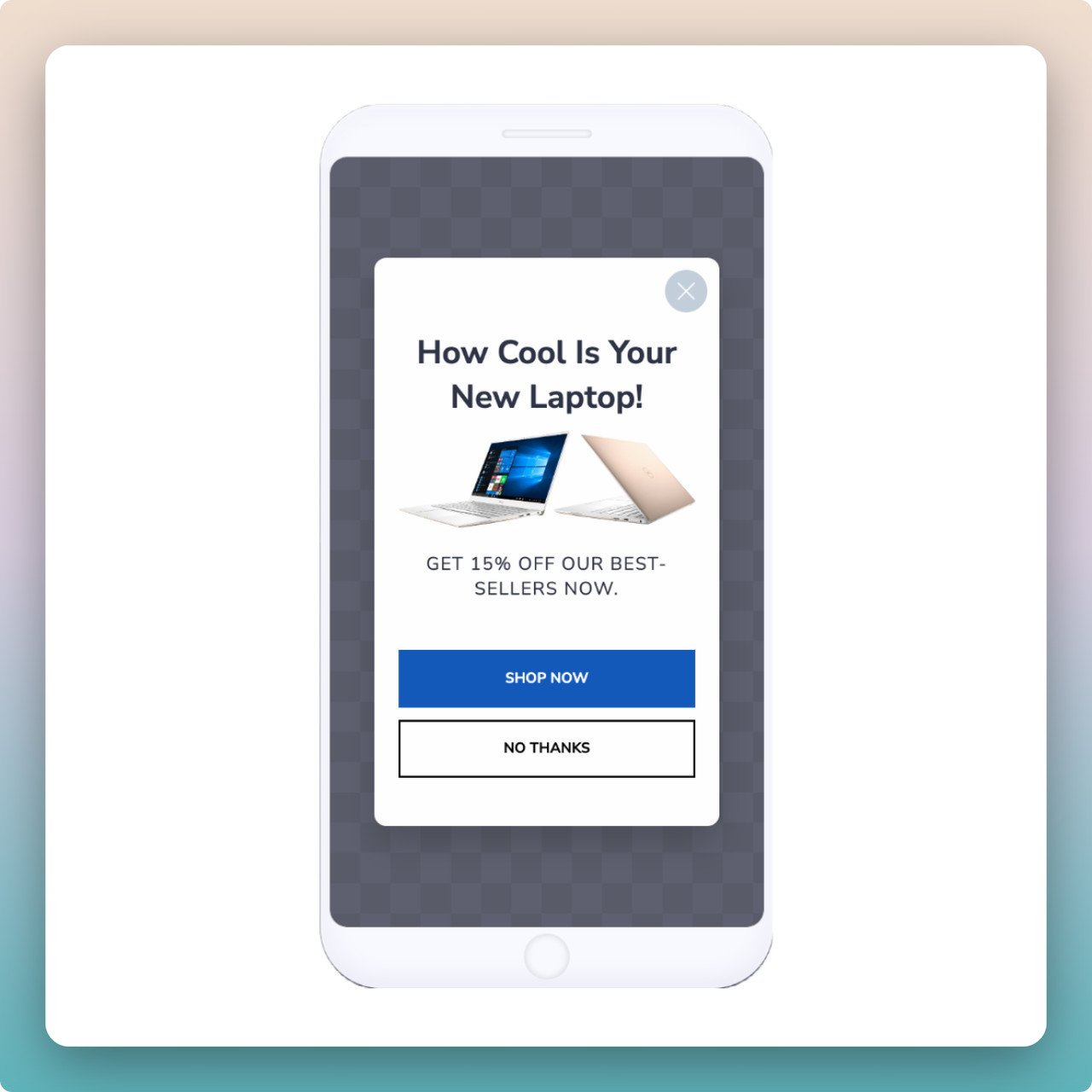 a Product promotion mobile popup example showing laptop images and call to action that says "shop now"