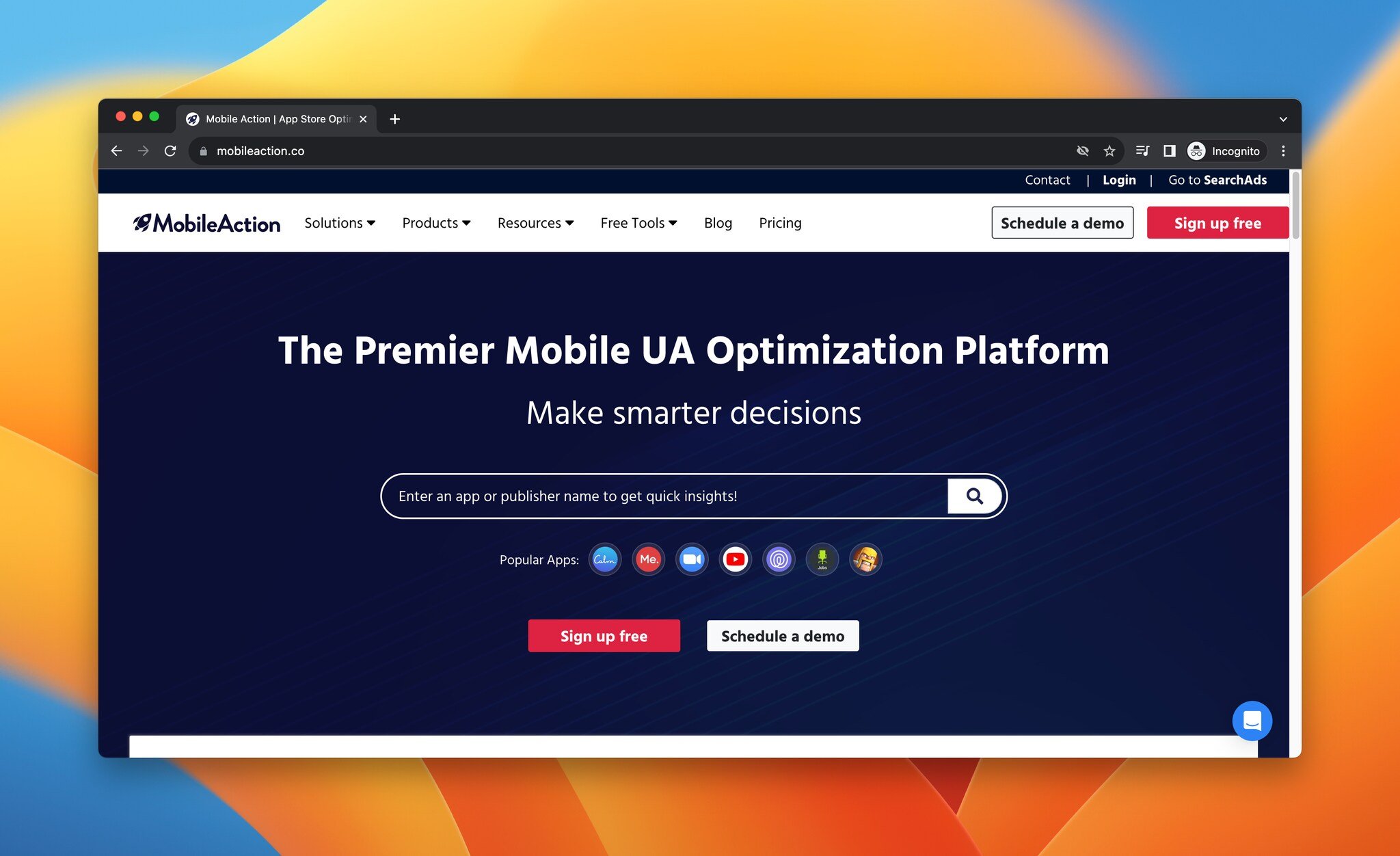 a screenshot of the landing page of Mobile Action, which is a mobile marketing tool