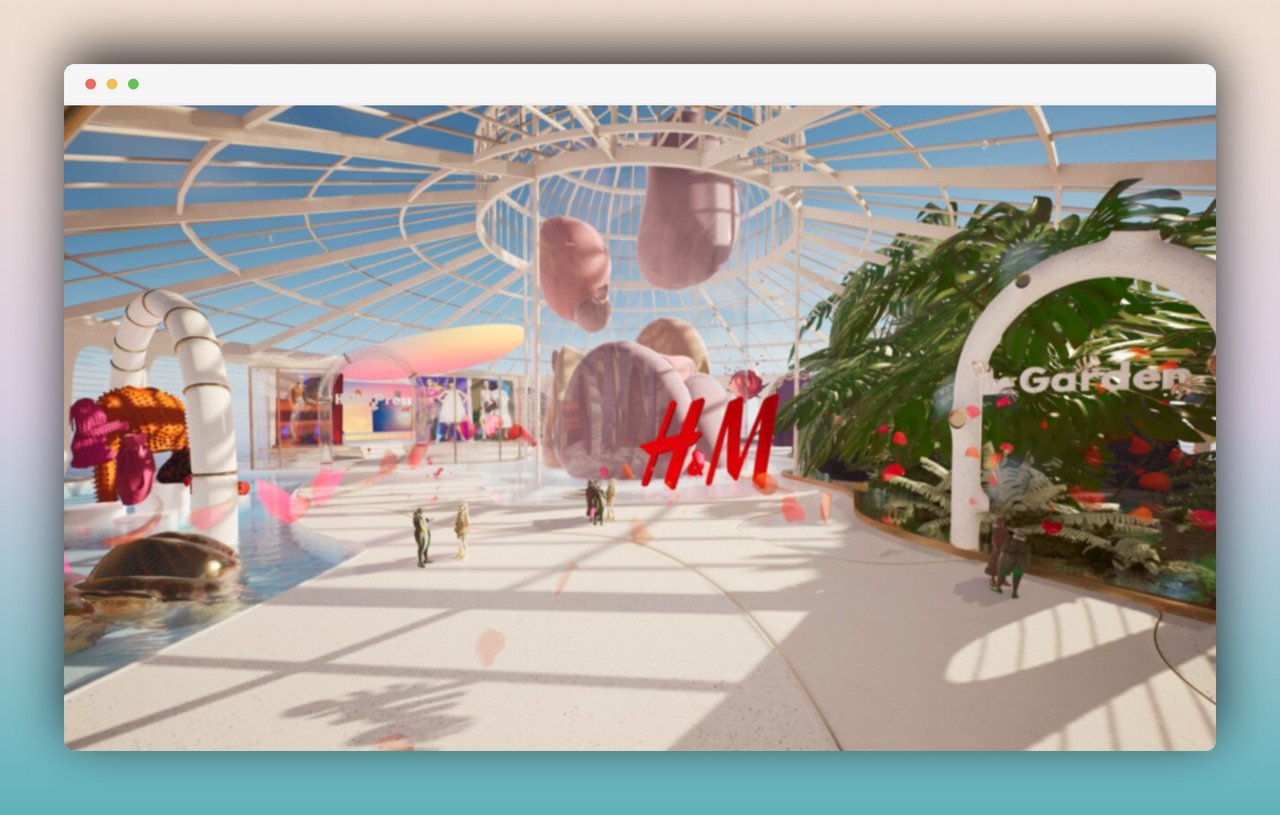 HM virtual store with a huge glass ceiling, garden on the right, a pool on the left and a flying-like object design in the middle with some human figures walking around