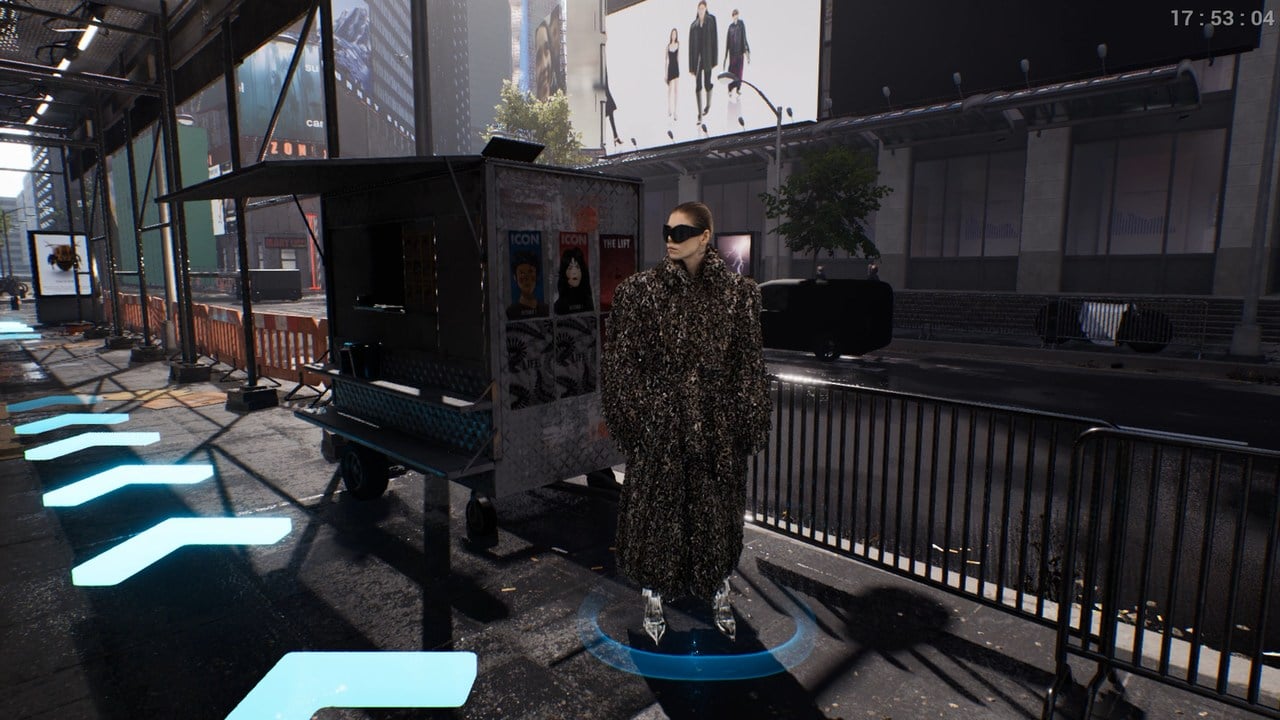 a scene from balenciaga video game featuring a woman wearing a long fur coat and sunglasses on an industrial background and a street is visible