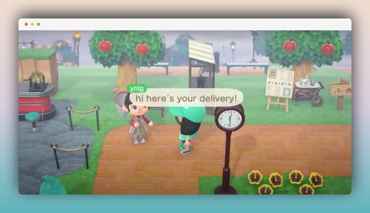 A screenshot from Deliveroo Fortnite game where a man figure delivers something to a woman figure saying hi on a street with apple trees and flowers around