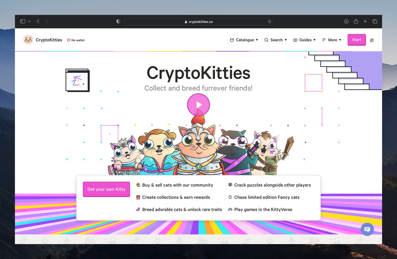 cryptokitties website homepage with 5 different kitty illustrations and a pink play button and get your own kitty part below telling you what you can do with them