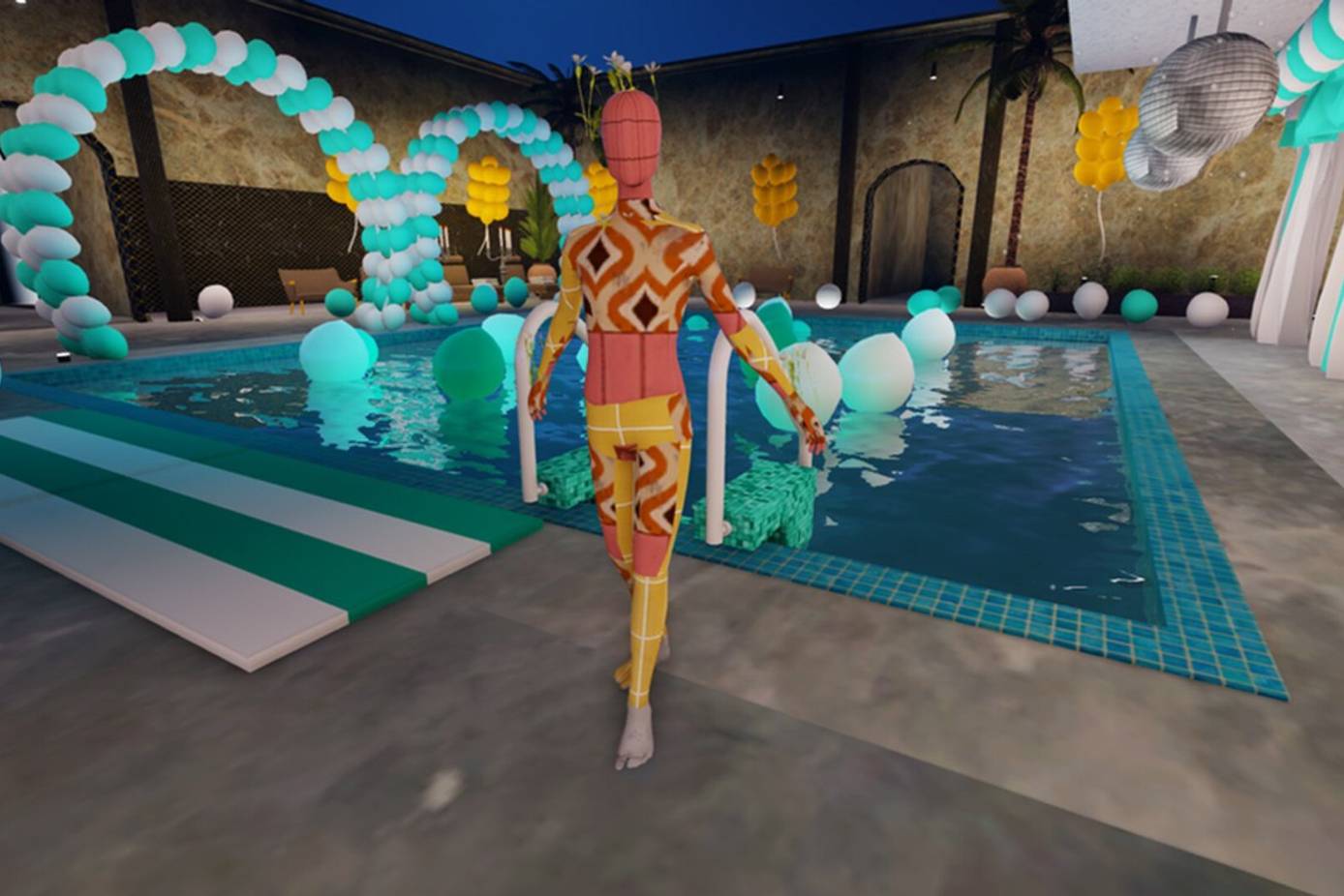 Roblox Gucci garden featuring a swimming pool decorated with balloons with a faceless model wearing a yellow and orange suit with different patterns