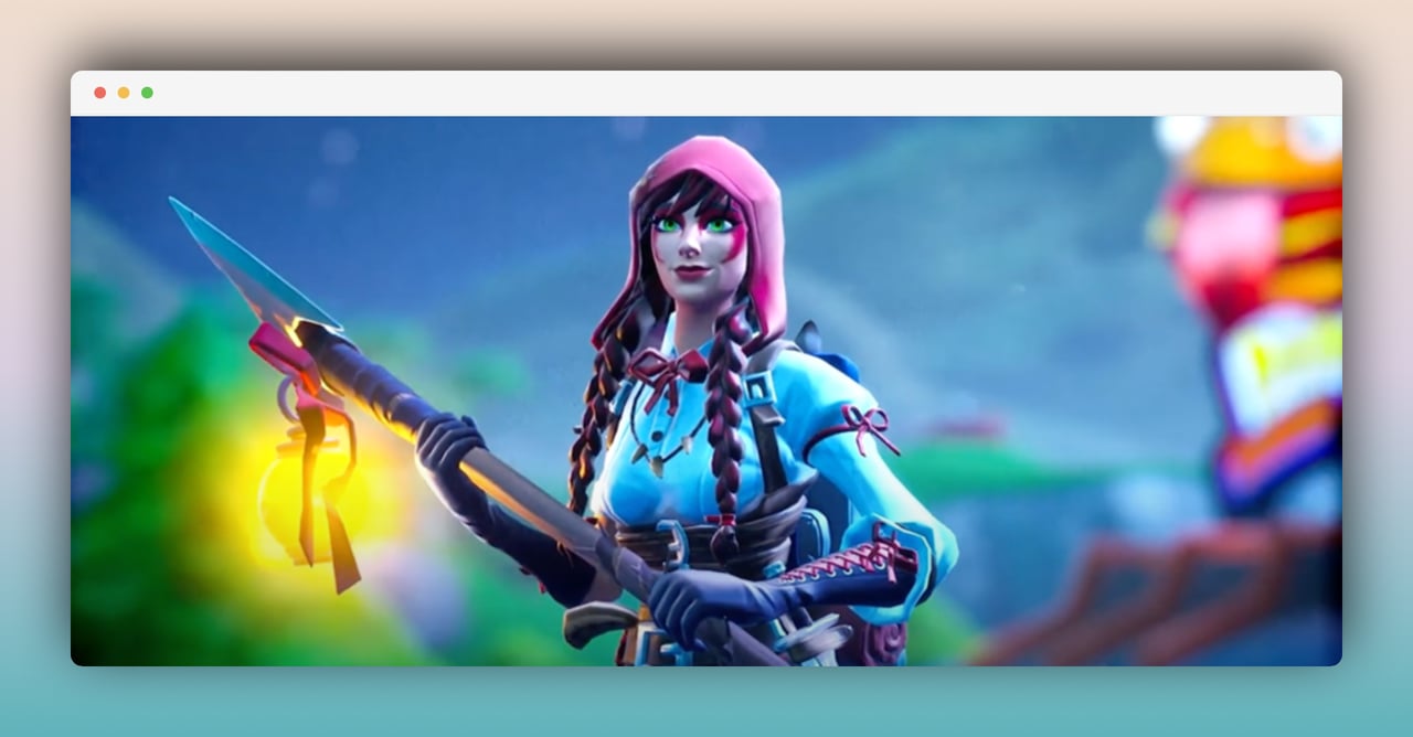 Wendy's Fortnite game female hero with green eyes wearing face paint like a warrior, and oldschool clothes, holding a spear with a lantern hanging on its tip