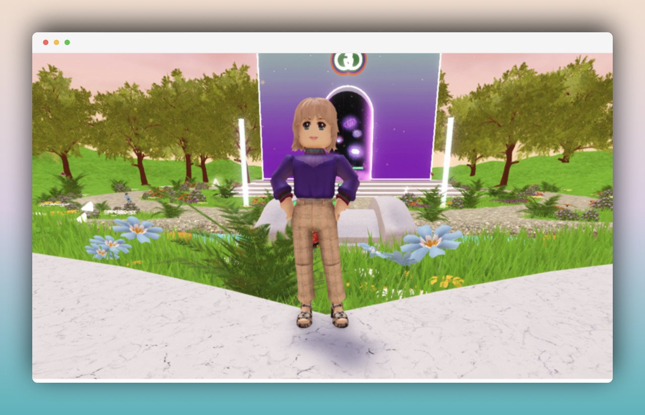 Miley Cyrus Gucci avatar wearing a purple blouse and brown trousers, posing in front of a virtual house in a forest-like big garden