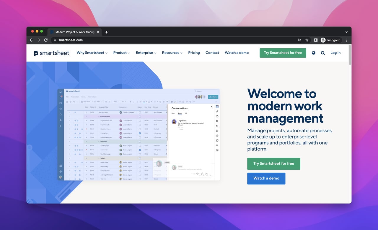 screenshot of Smartsheet's landing page