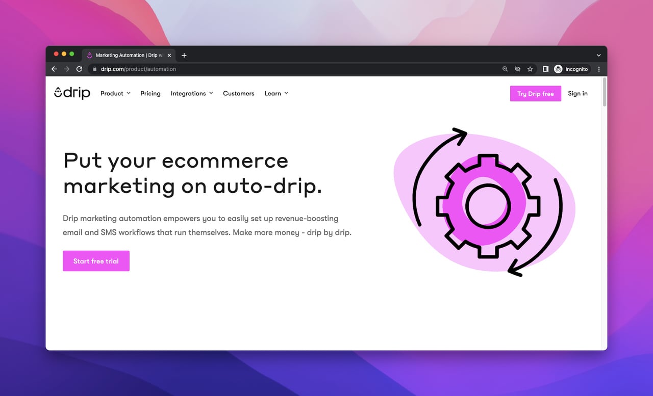 screenshot of Drip's automation solution landing page