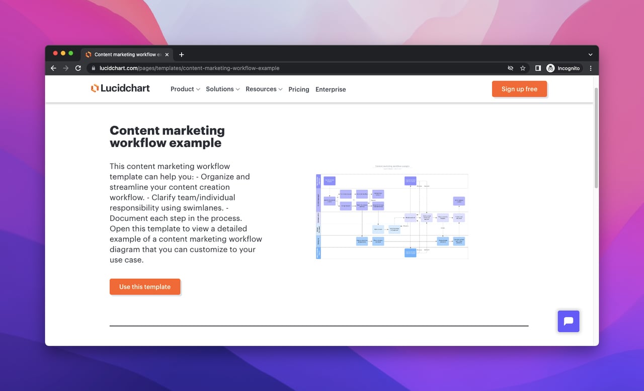 screenshot of Lucidchart's content marketing workflow template and features page