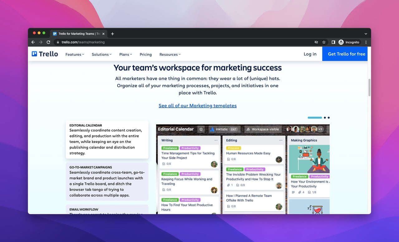 screenshot of Trello's marketing workflow templates' landing page