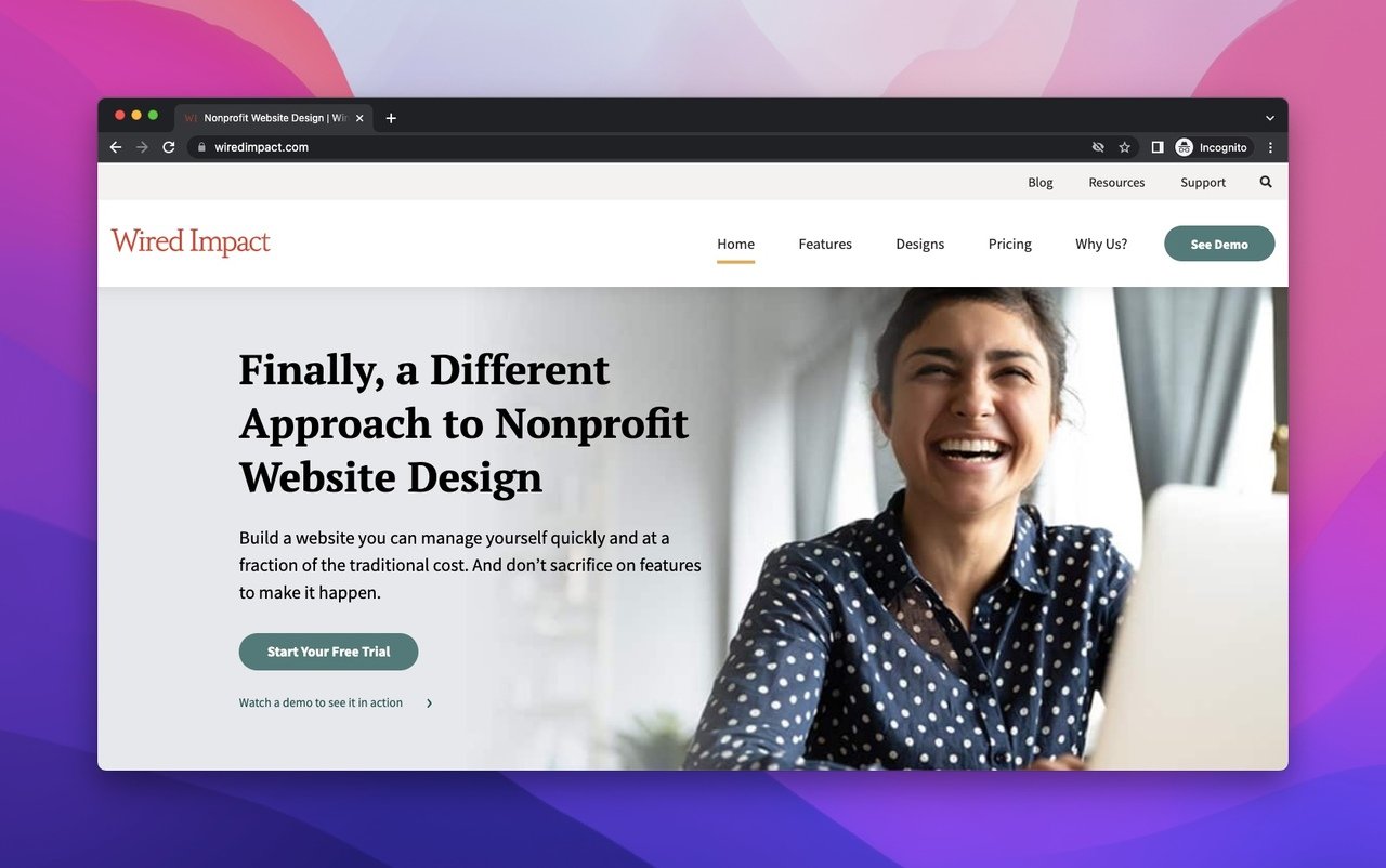 the webpage of Wired Impact which is a website builder for nonprofit organizations