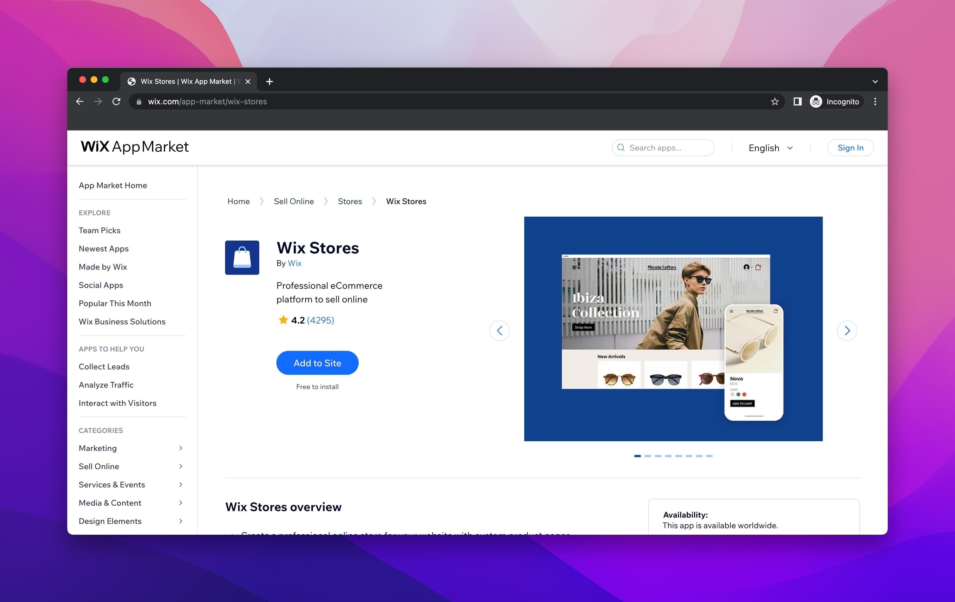 Wix Stores app on the Wix App Market
