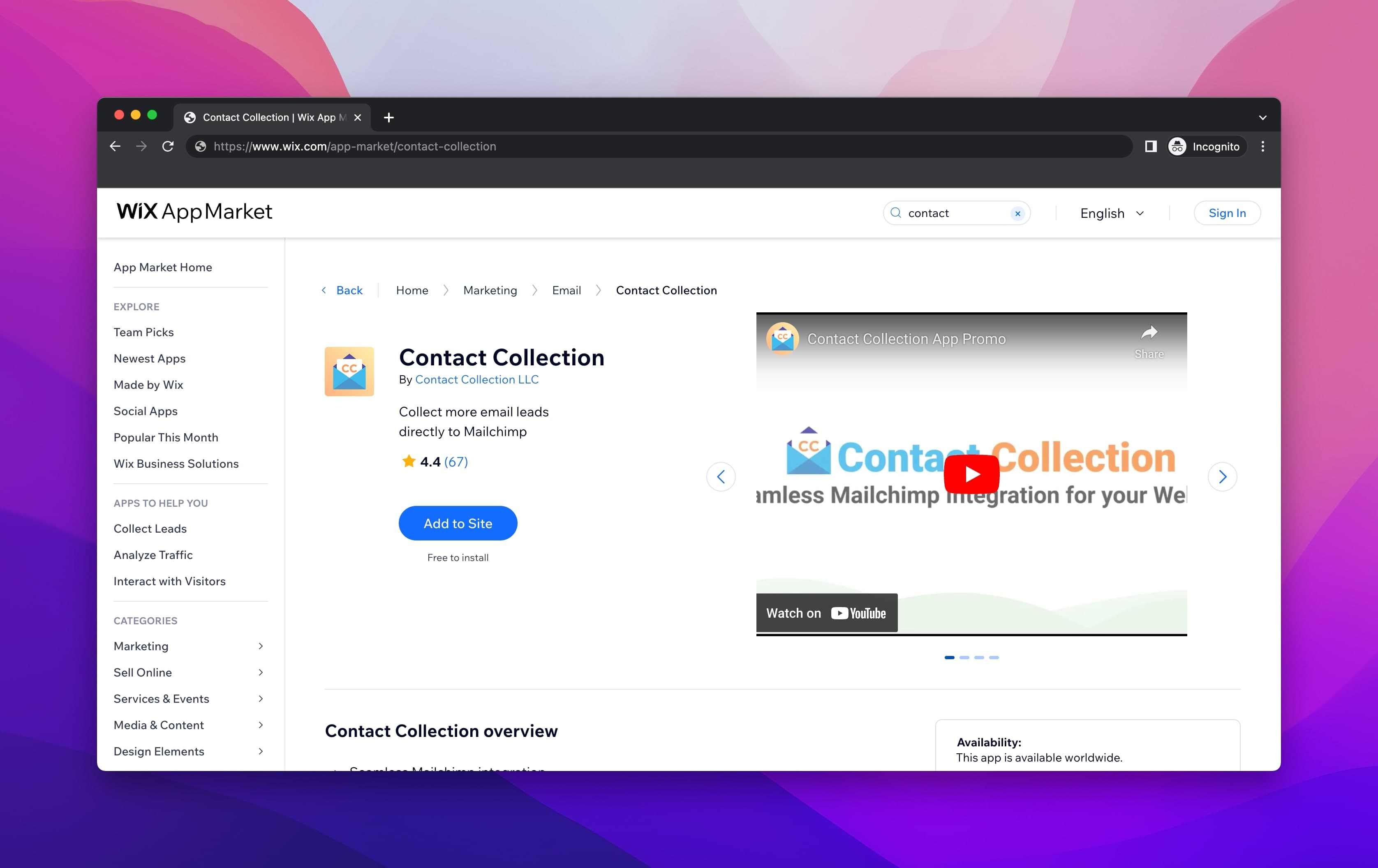 Contact Collection app displayed on the Wix App Market