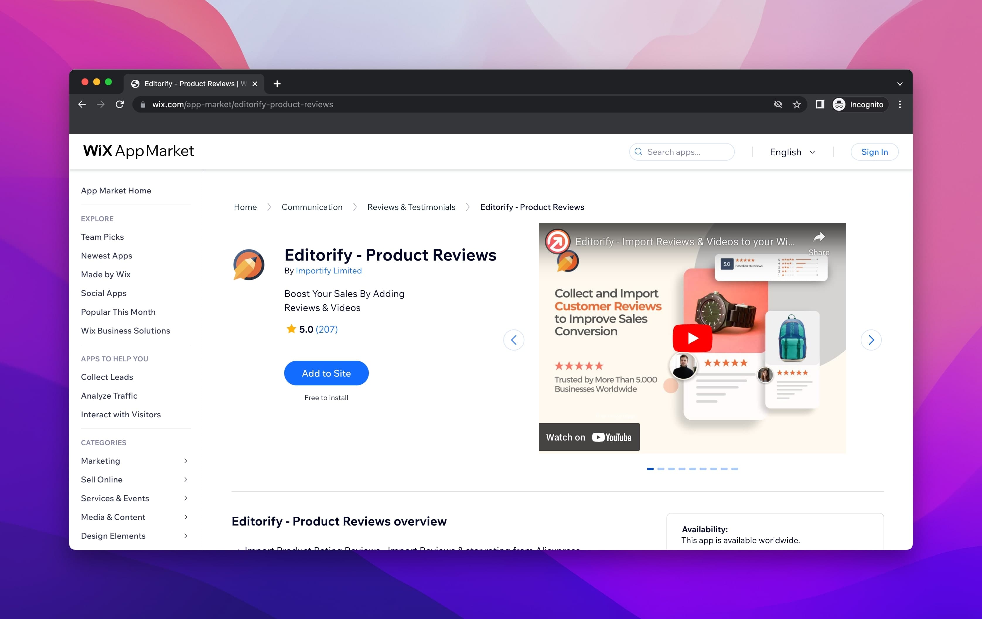 Editorify as a product reviews app on the Wix App Market