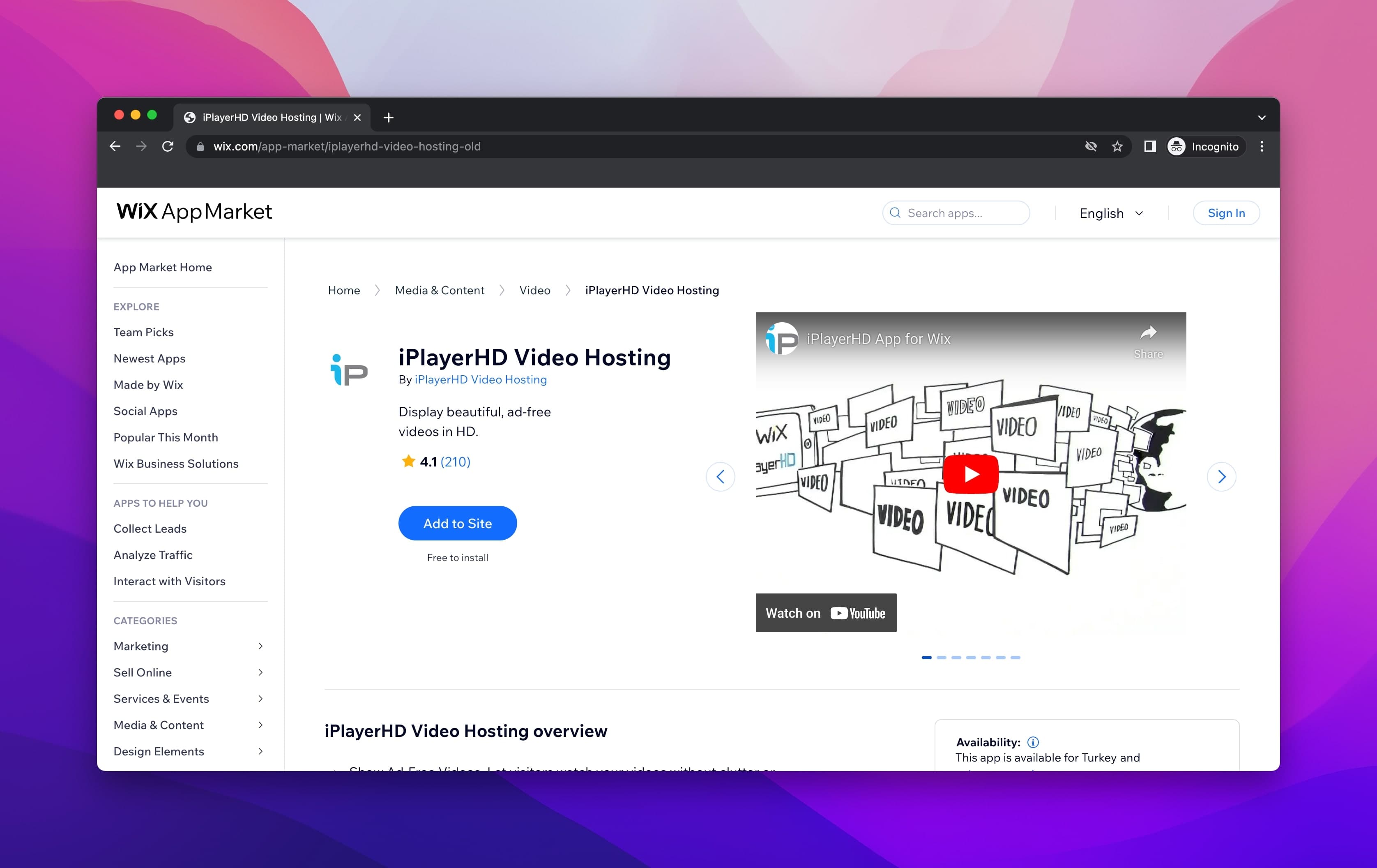 iPlayerHD Video Hosting website on the Wix App Market